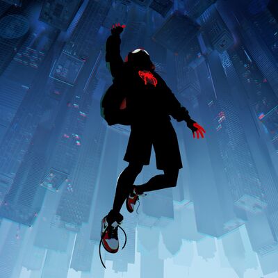 Animated Spider Man jumping in the air infront of an upside down cityscape