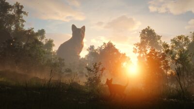 An illustration of a black cat in a field with a larger cat in the distance