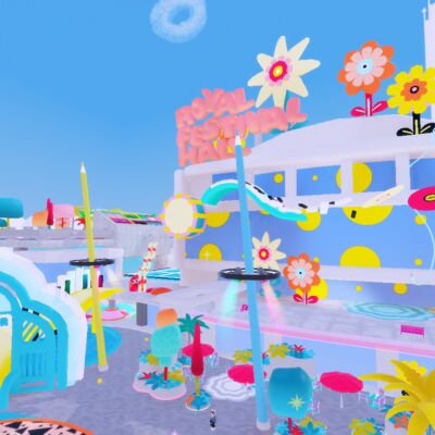 An illustrated interpretation of the Southbank Centre in bright colours, featuring fantastical elements and oversized flowers and speakers