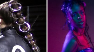 Split image: A person's ponytail decorated with silver rings, and a woman posing in purple and teal neon lighting.