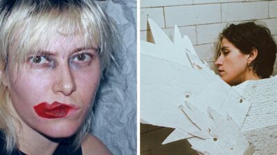 Split image: A person with smeared red lipstick, and a woman wearing wings made of white cardboard and handwritten text.