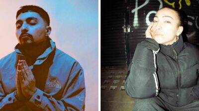 Split image: A man with hands together in prayer, and a woman in a black puffer jacket posing against a graffiti wall.