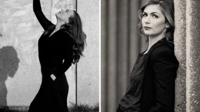 Left; Woman walking and holding her violin above her head, right; woman with blonde hair leaning against a pillar looking to camera