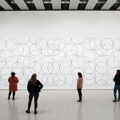 Installation view of Bridget Riley, Composition with Circles 4, 2004 at Hayward Gallery 2019 © Bridget Riley 2019 Photo Stephen White & Co.