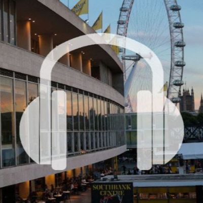 A headphones icon superimposed over an image of the Southbank Centre at sunset