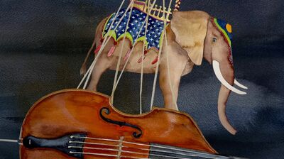 Stylised watercolour painting of a circus elephant resting on a double bass