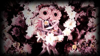 Surreal collage of two figures with pink flower heads embracing, surrounded by a dense field of white and pink blossoms.