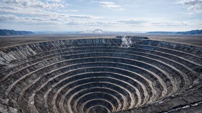 Wide aerial view of a massive, deep open-pit mine with tiered concentric circles under a blue, cloudy sky.
