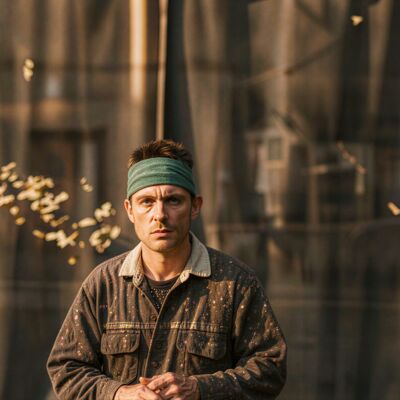 A man wearing a green banada and overshirt looks towards the camera