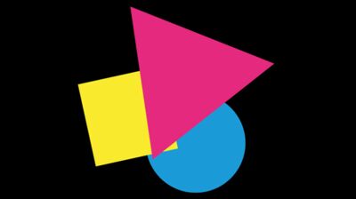 Three shapes on a black background, a blue circle, yellow square and a pink triangle