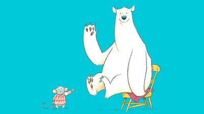 Illustration of a white polar bear sitting on a small yellow chair waving it's paw. A tiny grey mouse points at the bear.