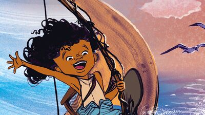 Illustration of a joyful child with curly hair on a boat at sea, reaching out as two seagulls fly past at sunset.