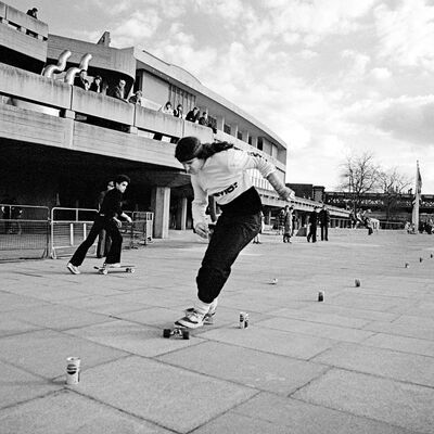 Black and white photo of skaters on the southbank cnetre