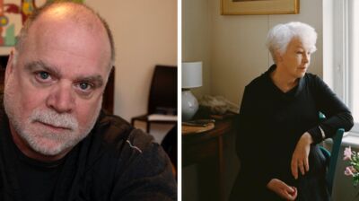Side-by-side portraits: a man with a gray beard looking forward, and a woman with white hair resting her head on her hand.