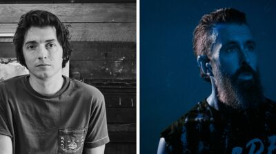 Left: Black and white close-up portrait of an artist. Right: Close-up of a bearded man illuminated by blue stage light.