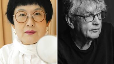 Side-by-side portraits: a woman in white with a magnifying glass and a black-and-white photo of a man in glasses.