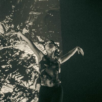 A dancer performs with arms outstretched against a backdrop of grainy, black-and-white projected leaf patterns.