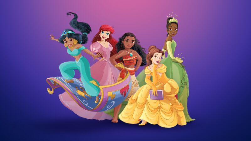 Disney Princesses Jasmine, Ariel, Moana, Belle, and Tiana pose dynamically against a purple gradient background.