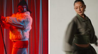 Left: A woman in a white fur coat poses with a retro mic under red lights. Right: A woman in olive green dancewear moves.