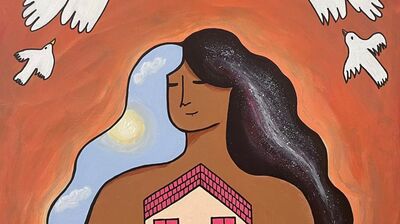 Illustration of a person with hair containing a sunlit sky and a starry galaxy, hugging a small house as white birds fly.