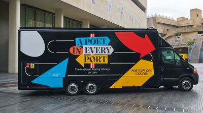 A black van with red, blue, white and blue shapes with 'A Poet in Every Port' logo