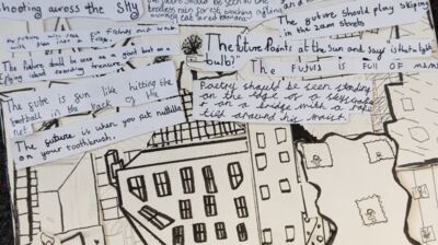 Collage of handwritten poetic notes about the future pasted over a black-and-white line drawing of city buildings.