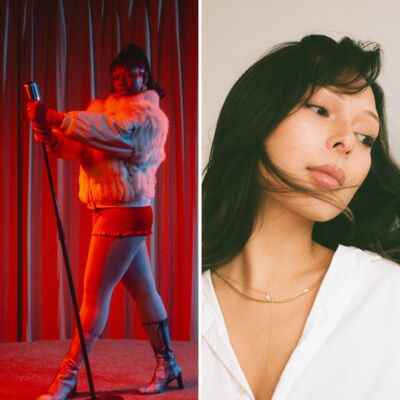 Left: A woman in a white fur coat poses with a retro mic under red lights. Right: close up portrait of a woman in a white top with dark hair