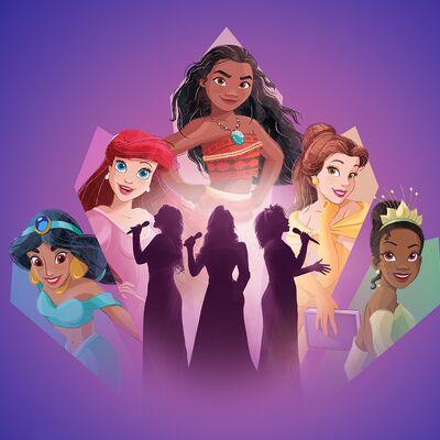 An illustration of Disney princesses surrounding three dark singing silhouettes on a deep purple gradient background