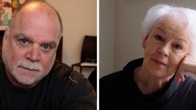Side-by-side portraits: a man with a gray beard looking forward, and a woman with white hair resting her head on her handaring out at waves in a wide ocean.