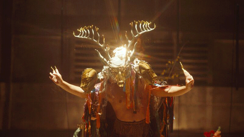 A gif of Creative Intelligence events including a man with golden antlers on his, two people with a purple code background and a giant mirrorball