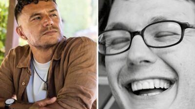 Split image: A tan man looking away in a garden, and a black-and-white close-up of a man laughing with eyes closed.