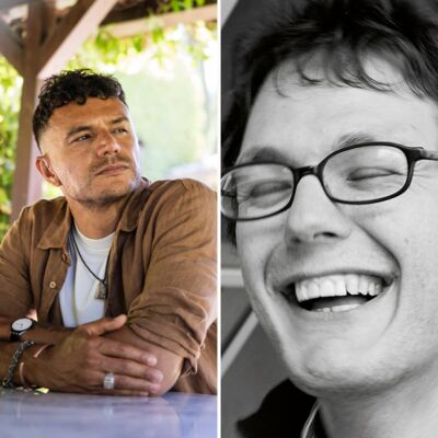 Split image: A tan man looking away in a garden, and a black-and-white close-up of a man laughing with eyes closed.