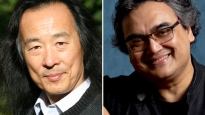 Two portraits side-by-side: a man with long dark hair on the left, and a smiling man with glasses on the right.