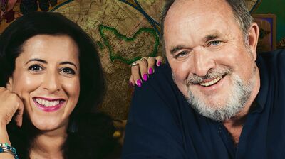 William Dalrymple and Anita Anand in front of an ornate background.