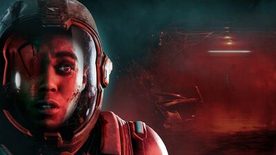 Artwork from the game Directive 8020. A person wearing a space helmet standing in front of a derelict building with smoke and red lighting