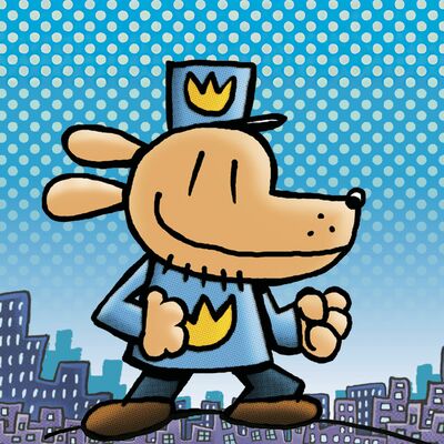 A cartoon drawing of Dog Man from the popular book series, wearing a police uniform and crown, walking on a line above a purple city skyline, set against a blue polka dot sky.