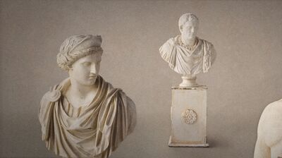 Three ivory coloured statues against an ivory background.