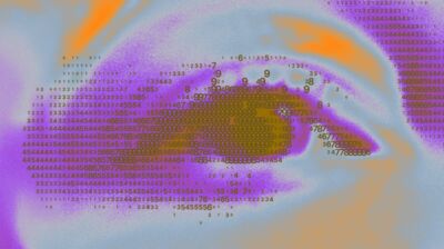 An abstract, highly stylized digital graphic of a human eye rendered in textured orange, purple, and pale grey tones.