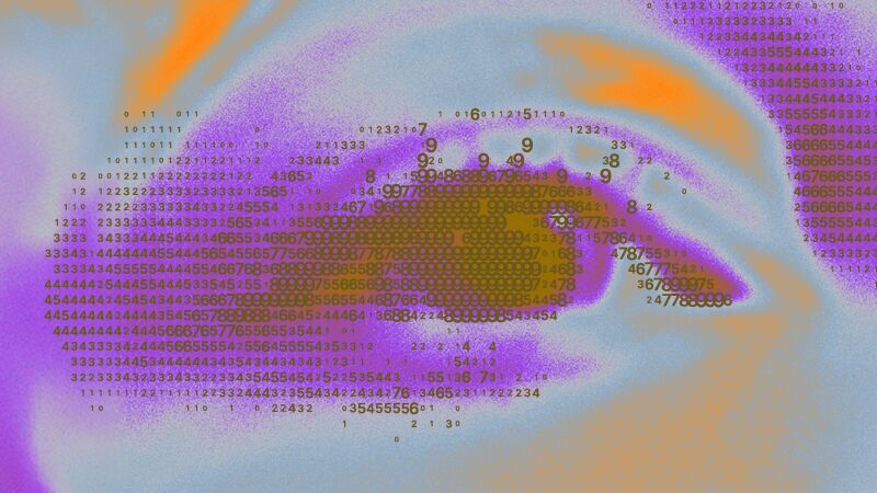 An abstract, highly stylized digital graphic of a human eye rendered in textured orange, purple, and pale grey tones.
