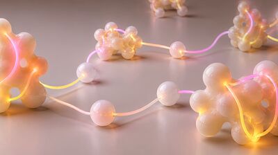 Glossy white molecular-style structures sit on a beige plane, linked by glowing pink and yellow light filaments.
