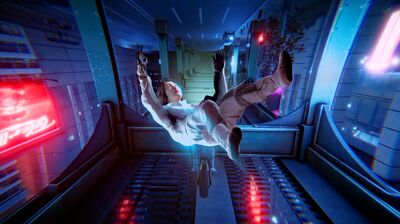 A woman in a white delivery uniform falling upside down off a motorbike in a South Korean street with neon lights surrounding