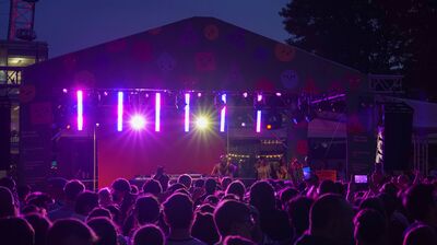 A crowd silhouettes against a stage with bright purple and white lights at an outdoor nighttime music event.