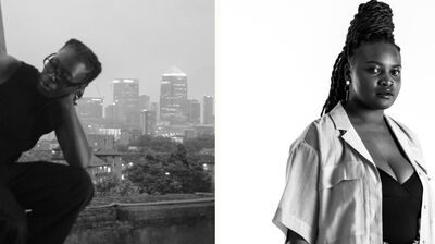 Side-by-side black-and-white portraits of a person on a city rooftop and a woman posing against white.