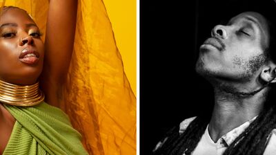 Side-by-side portraits of a woman in green against yellow and a black-and-white profile of a man looking up.