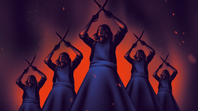 An animation of 5 women standing holding large open scissors in the air in from of a firey background.