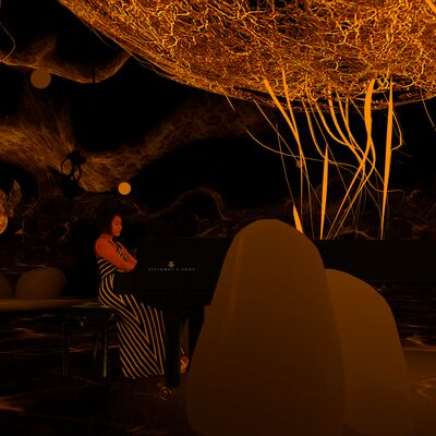 A woman in a striped dress plays a grand piano surrounded by smooth boulders beneath an abstract, glowing golden canopy.