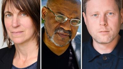 A three-panel split image showing headshots of a woman with short brown hair, a man with glasses and a goatee, and a man in a dark button-up shirt.