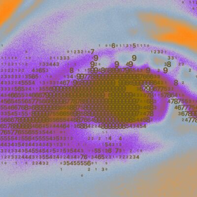 A close-up of an eye painted in neon colours; the eye's outline is made out of numbers.