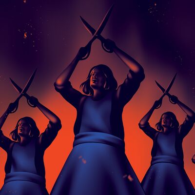 Five figures dressed in matching blue outfits stand in a symmetrical row against a fiery backdrop, each holding a large pair of scissors raised above their head.