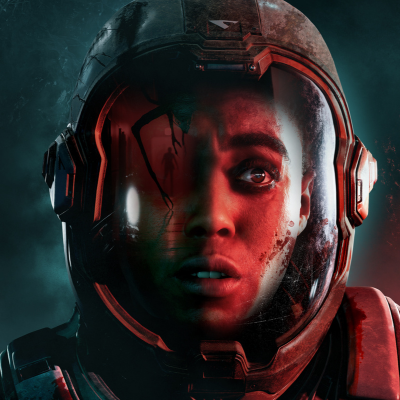 Artwork from the game Directive 8020. A person wearing a space helmet standing in front of a derelict building with smoke and red lighting